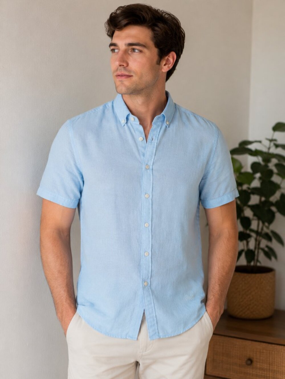 Porter & Ash 100% Linen Light Blue Button Down Shirt Size L